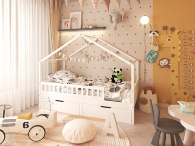 Furniturehmd Modern Childrens Bed Solid Pine Wood Bed Frame House Bed With 2 Large Storage Drawers,white from B&Q