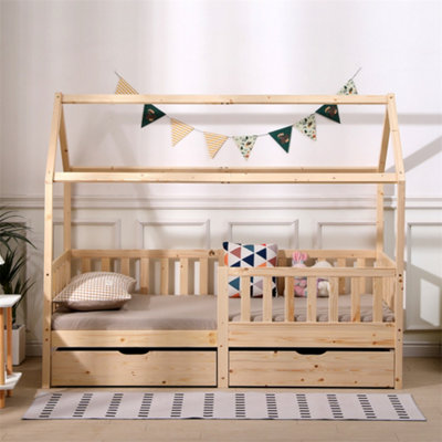 1001 Furniturehmd Wooden Kids Bed Frame,solid Pine Wood,3 Ft Single House Bed Frame,chidren Floor Bed With Two Drawers from B&Q