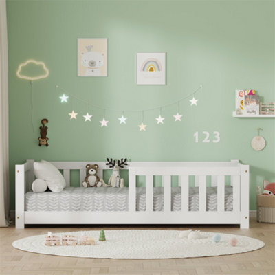 Furniturehmd White Childrens Bed With Slat Support & Enclosure GuardrailsSolid Pine Wood ConstructionSafe Toddler Bed Frame from B&Q