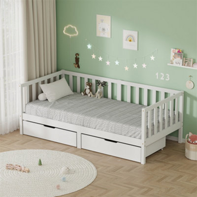Furniturehmd Single Bed Frame,childrens Bed With Guardrails,pine Wood White Finish2 Under-Bed Storage Drawers On Wheels90X190 from B&Q