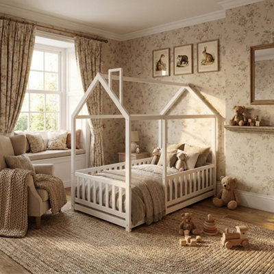 Furniturehmd Wooden Childrens House Bed Frame With Fall Out Protection,solid Pine Wood Kids Bed from B&Q