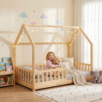 Furniturehmd Solid Wood House Bed Frame For KidsNatural Finish Toddler Floor Bed With Guardrails from B&Q