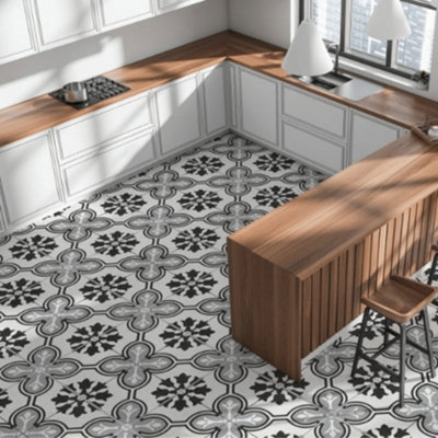 Ceramica Ellie Graphite Black & White Matt Patterned Vintage Effect Porcelain Indoor Wall & Floor TilePack Of 7(L)450mm (W)450mm from B&Q