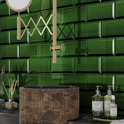  - Tiles360 Royal Green Bevelled Edge Metro Subway Ceramic Wall Tiles Gloss Pack Of 50 (1M2)(L)200mm (W)100mm