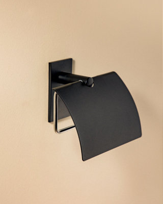 B&Q -   Toilet Roll Holder With CoverSelf-AdhesiveBlackStick Collection