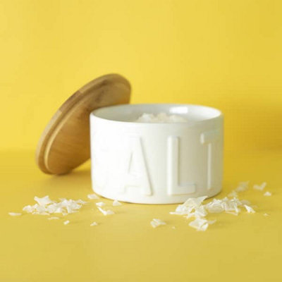 Balvi White Ceramic Bamboo Lid Embossed Letters Flake Salt Kitchen Storage Pot Cellar from B&Q