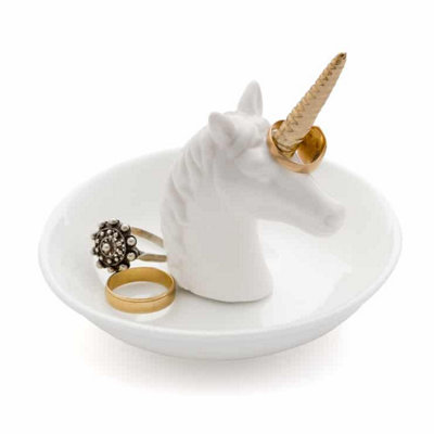 Balvi White Unicorn Gold Horn Ring Holder Jewellery Tray Ceramic from B&Q