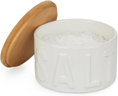 Balvi Ceramic Embossed Lettered White Xl Salt Flake Container With Air Tight Bamboo Lid from B&Q