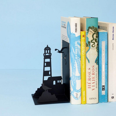 CKB Ltd Classic Lighthouse Coastline Ship Light Seagulls Silhouette Black Metal Bookend from B&Q
