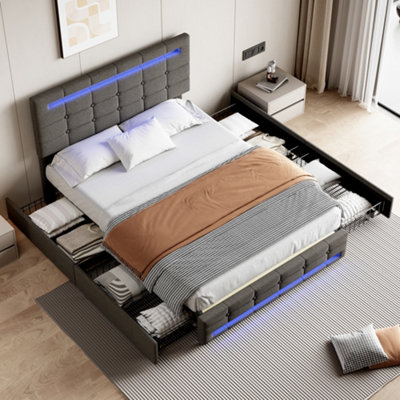 Abrihome Double Upholstered Bed With Led Lighting And Storage DrawersAdjustable Button Tufted HeadboardGrey (No Mattress) from B&Q