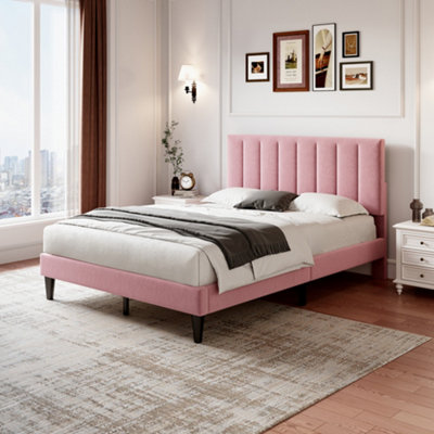 Abrihome Double Upholstered Velvet Bed FrameWith Adjustable Channel Tufted HeadboardSolid Wood Slat And Mute FoamPink from B&Q