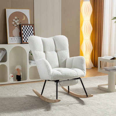 Abrihome New Modern Teddy Fabric Tufted Upholstered Rocking Chair With Pull-Out FootrestWhite from B&Q