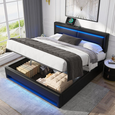 Abrihome Upholstered Bed With Usb PortLed Lighting And Storage SpaceBlack King Size Bed from B&Q