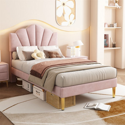 Abrihome 90X190CmVelvet Upholstered Single BedShell-Like Bed With Golden Iron LegsHeight-Adjustable HeadboardPink from B&Q