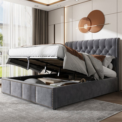 Abrihome 135X190CmUpholstered Double BedWith Hydraulic LeverFunctional Storage BedRivet DecorationWithout MattressVelvetGrey from B&Q
