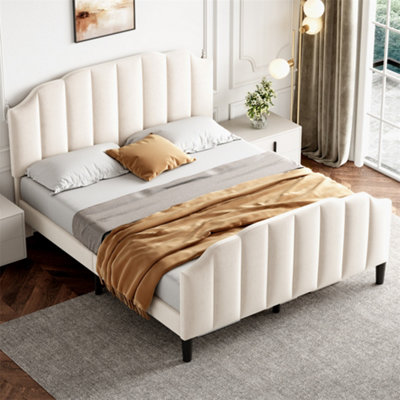 Abrihome 4Ft6 Double Upholstered Bed Frame With Adjustable Chic Channel-Tufted HeadboardVelvetBeige (No Mattress) from B&Q