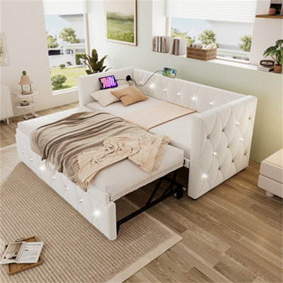 Abrihome 3Ft Single Bed 90X190Cm With TrundleDaybed Upholstered Bed Sofa Bed With Usb &type C Charging SationsVelvetBeige from B&Q