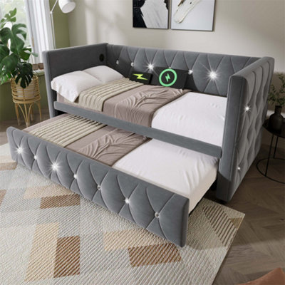 Abrihome 3Ft Single Bed 90X190Cm With TrundleDaybed Single Upholstered Bed Sofa Bed With Usb &type C Charging SationsVelvet ,grey from B&Q