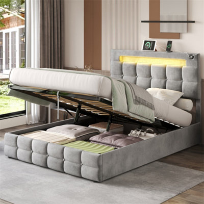 Abrihome 4Ft6 Upholstered Double Bed Frame With Hydraulic Storage Ottoman Bed With Led Lighting And Charging StationVelvetGrey from B&Q
