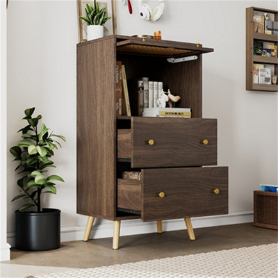 AbriHome Breathable Rattan Storage Sideboard, 2 Drawer 1 Upward Flip Door Storage Bookcase Cabinet, Particle Board, Walnut