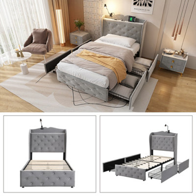 Abrihome 3Ft Single Upholstered Bed 90X190CmWith 4 Drawers And Lamp3 Usb Port+1 Type CDurable And SturdyVelvetGrey from B&Q