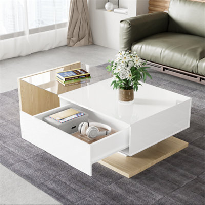 Abrihome Coffee Table In High Gloss White And Wood Color CombinationSide TablesCoffee Tables With Glass And LedWhite+Natural from B&Q