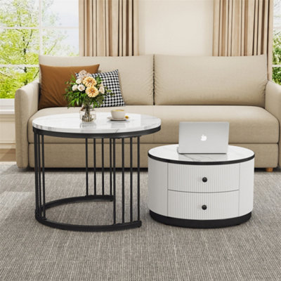 Abrihome Set Of 2High Gloss Modern Round Nesting Coffee Table With Marble Pattern TopWith Storage DrawersWhite & Black from B&Q