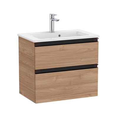 Roca Compact Vanity Unit Walnut Finish 600mm Wall Hung 2 Drawers With Basin from B&Q