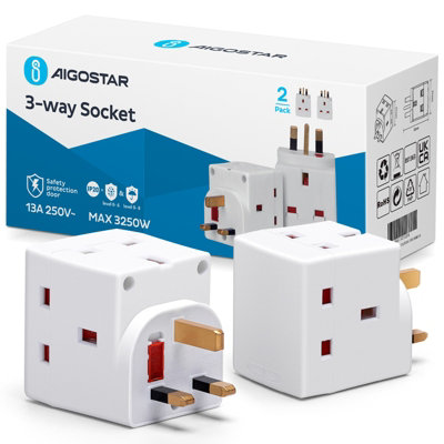 B&Q -  3-Way Socket Adapter 13Amp Plug-In Wall Extender Pack Of 2