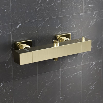 Square Brushed Brass Exposed Thermostatic Shower Mixer Bar Valve - Image 4