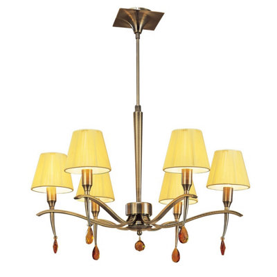 Luminosa Lighting Luminosa Siena Pendant Round 6 Light E14Antique Brass With Amber Cream Shades And Amber Crystal from B&Q