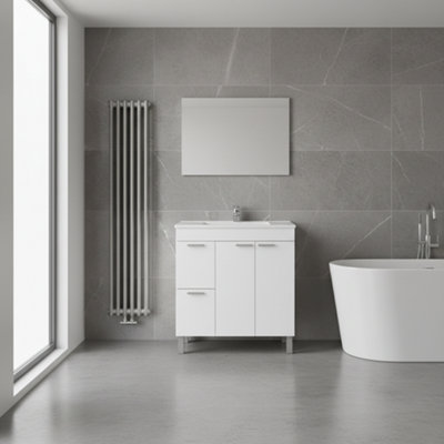 Amos Mann Furniture Koncept 800mm White Gloss 2 Door 2 Drawer Bathroom Vanity Cabinet With Sink And Mirror from B&Q