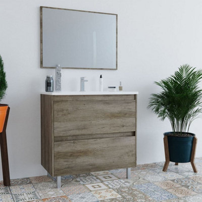 Amos Mann Furniture Paco 800mm Oak Effect 2 Drawer Bathroom Vanity Cabinet With Sink And Mirror from B&Q