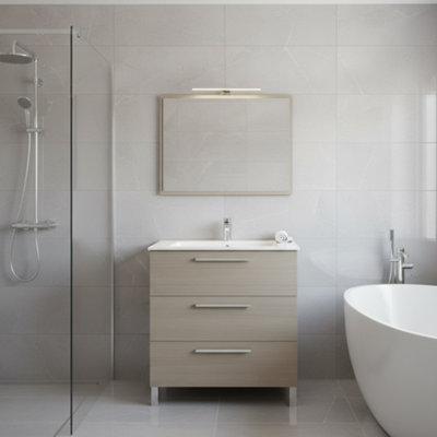 Amos Mann Furniture Torres 800mm Oak Effect 3 Drawer Bathroom Vanity Cabinet With Sink And Mirror from B&Q