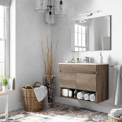 Amos Mann Furniture Ralph 800mm Nordic Oak Effect Floating Wall Hung 2 Door Bathroom Vanity Cabinet from B&Q