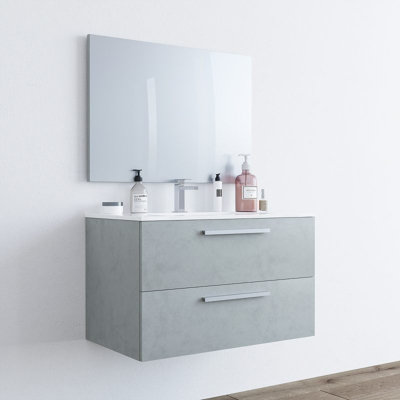 Amos Mann Furniture Adolfo 800mm Concrete Grey Wall Hung Bathroom Vanity Cabinet With Basin Sink And Mirror from B&Q