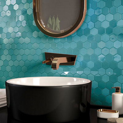 Top Ceramics Hexagon Mosaic Tile Mix. High Gloss / Matt (L)330 X (W)298Mm Turquoise