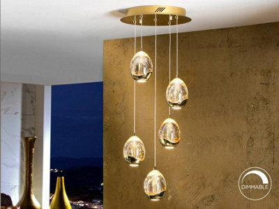 Luminosa Lighting Luminosa Roc Integrated Led 5 Light Crystal Cluster Drop Ceiling Pendant Gold Bubble EffectUk Stock from B&Q