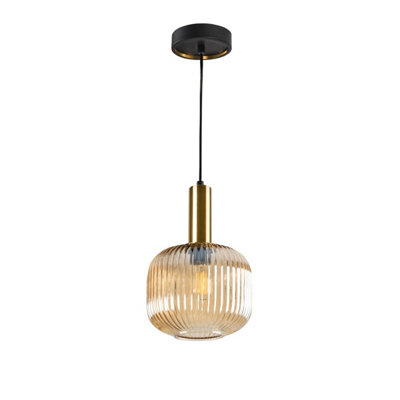 Luminosa Lighting Luminosa Norma Globe Pendant Ceiling Light BlackBrassAmber GlassE27Uk Stock from B&Q