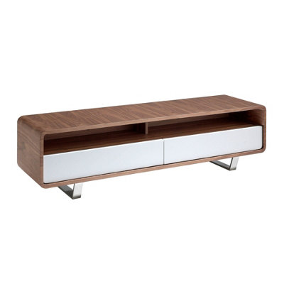 B&Q -  Stylish White Wood Tv Stand With Walnut And Chrome Legs