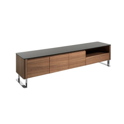 Angel Cerda Elegant Modern Tv Unit In Walnut With Chrome And Black Glass Top from B&Q