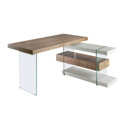 B&Q -  Elegant Grey Wood And Tempered Glass Writing Desk With Walnut Top