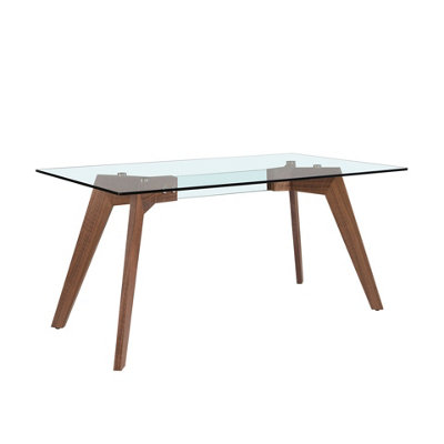B&Q -  Elegant Rectangular Tempered Glass And Walnut Dining Table For Modern Homes