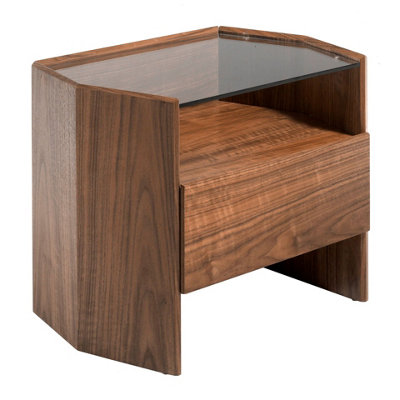 B&Q -  Elegant Walnut Bedside Table With Glass Top For Modern Bedrooms