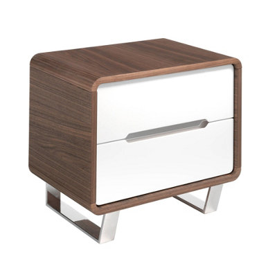 Angel Cerda Stylish White Wood Bedside Table With Walnut And Chrome Accents from B&Q