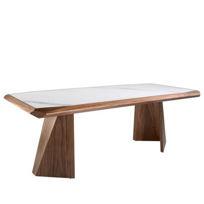 B&Q -  Stylish Rectangular Porcelain Marble And Walnut Dining Table