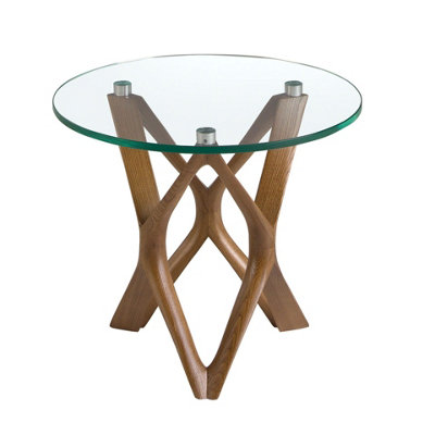 B&Q -  Stylish Round Tempered Glass And Walnut Corner Table For Modern Living Spaces