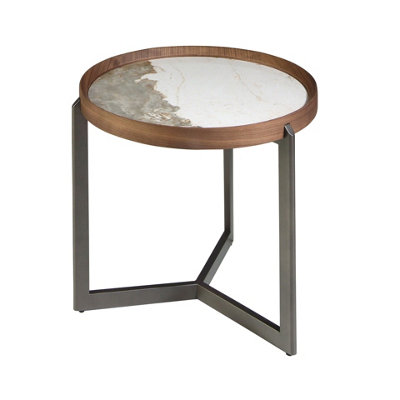 Angel Cerda Dark Elegant Round Coffee Table In Porcelain Marble And Walnut With Steel Legs