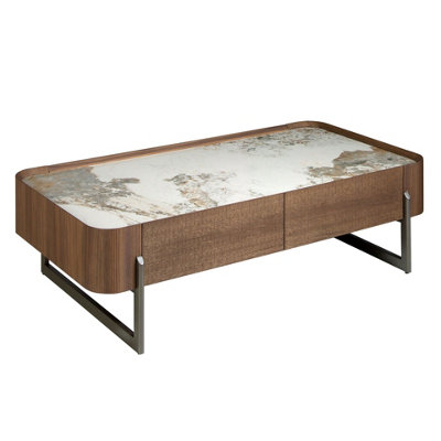 B&Q -  Stylish Rectangular Coffee Table In Porcelain Marble And Walnut