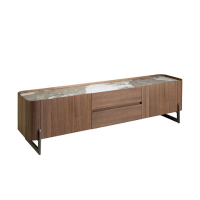 B&Q -  Stylish Walnut Tv Cabinet With Marble Top And Steel Legs